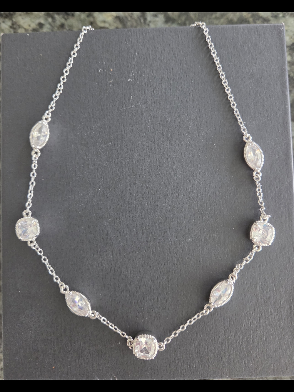 Silver Crystal Station Necklace - Elegant Sparkle.  17 Inch Chaiin